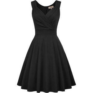 🆕Women’s Black Sleeveless Wrap V-Neck A-Line Cocktail Party Dress Polyester